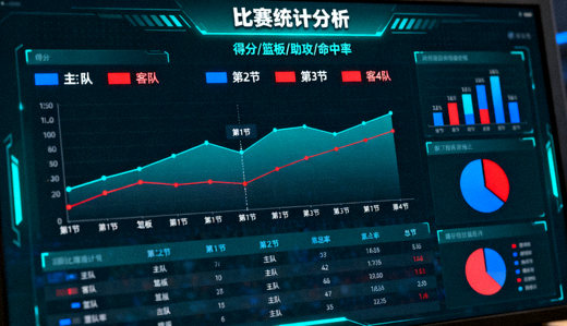 体育数据分析界面，屏幕展示比赛统计图表与多维数据指标