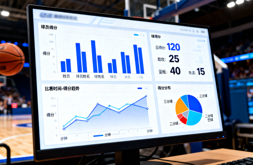 体育数据分析界面，屏幕显示比赛统计图表与数据指标